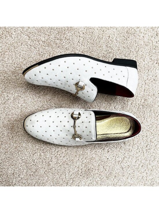 Men\'s White Suede Leather Loafers Gold Rivet Buckle Slip On Party Dress Shoes main image 3